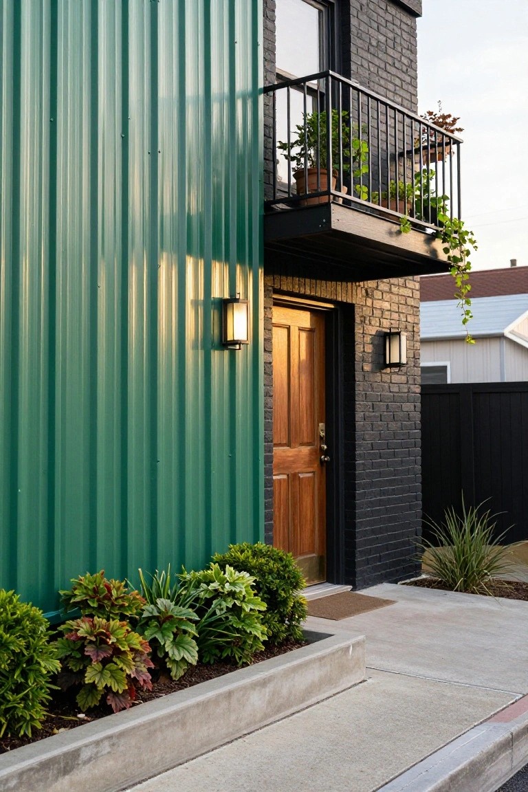 Side exterior of a two-story house featuring green corrugated metal siding, black brick accents, a wooden front door with sidelights, a metal balcony with potted plants, wall-mounted lanterns, and low border plants along the concrete path and edging.