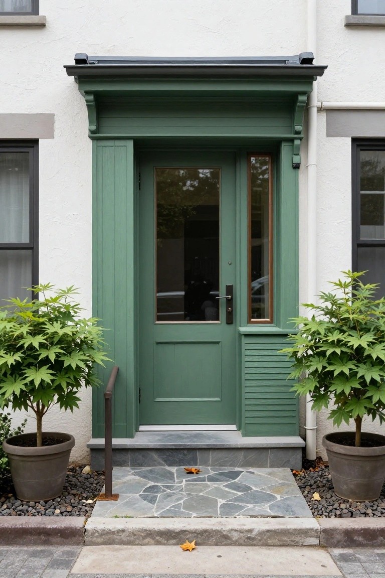 White stucco house exterior with dark green paneled front door, matching green surround and sidelight, flanked by two large potted Japanese maple trees, slate steps, and gravel ground cover.