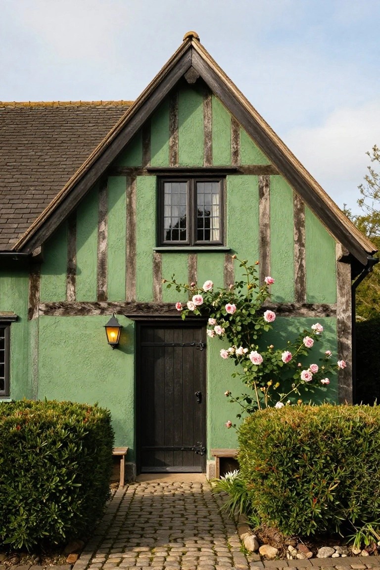 Green half-timbered house exterior with dark wooden beams, black front door and lantern, pink climbing roses on the wall, boxwood hedges flanking a cobblestone path.