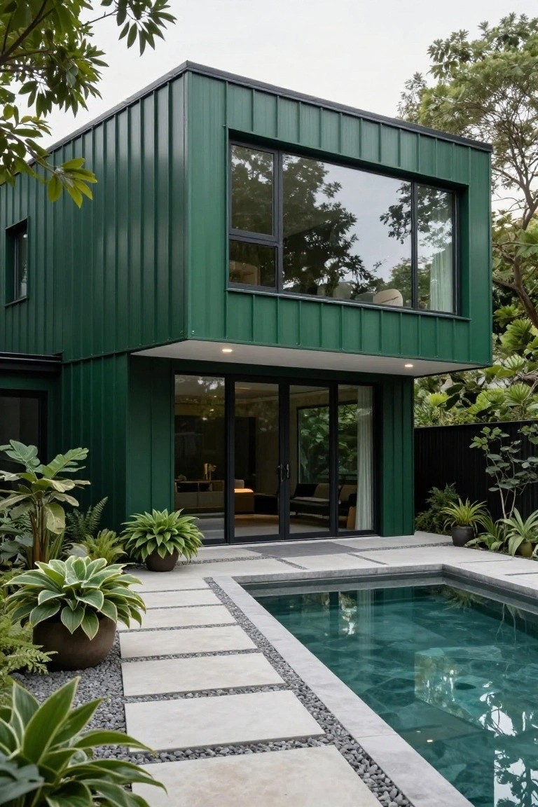 Boxy modern house with green corrugated metal siding, large black-framed glass windows and doors, adjacent rectangular pool, stone pavers, and tropical plants in pots.