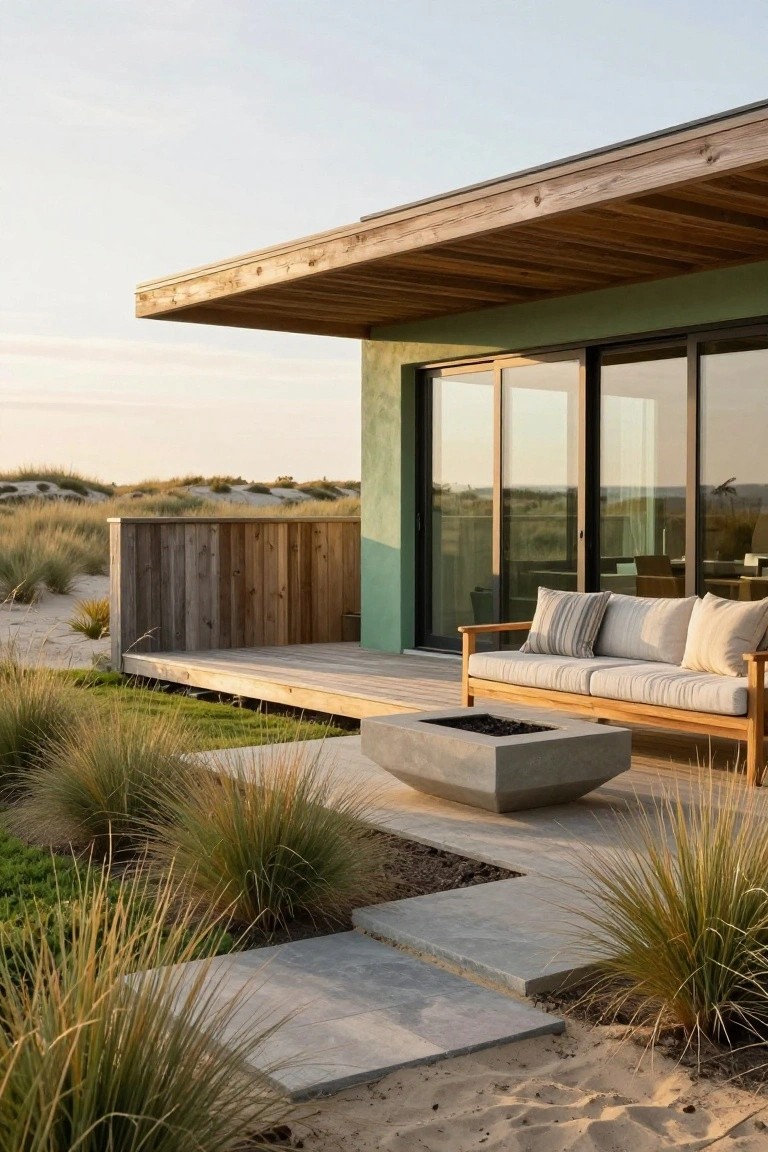 Green stucco beach house exterior with overhanging wooden roof, large sliding glass doors opening to a wooden deck with teak sofa, white cushions, square concrete fire pit, and surrounding dune grasses and sand path.