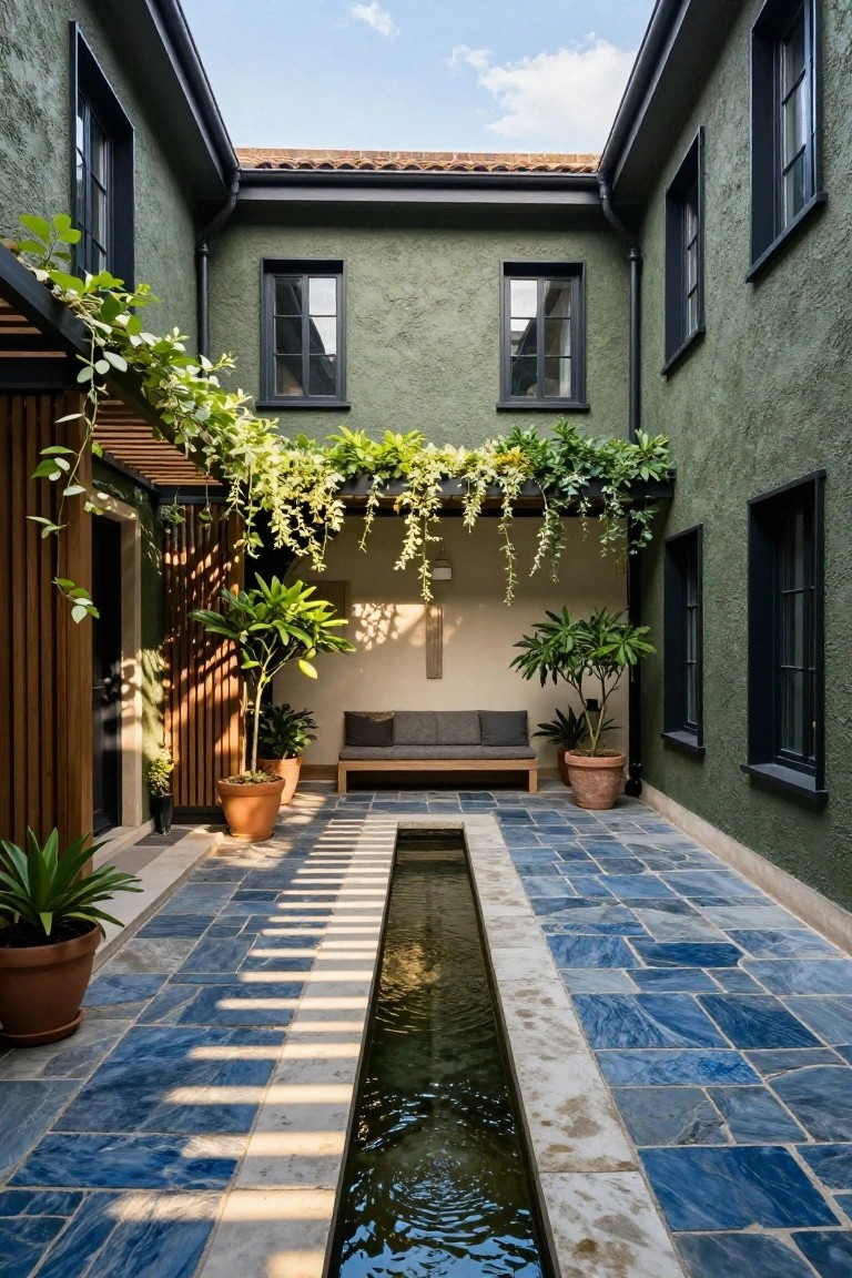 Green stucco courtyard enclosed by house walls with black-framed windows, wooden pergola draped in vines, central narrow reflecting pool between blue tiled walkways, potted plants, bench, and wall cross.