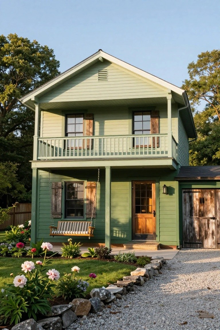 Two-story light green clapboard house with gabled roof, upper balcony with railings, lower porch with swing and shutters, wooden front door, adjacent barn-style garage doors, flower beds with peonies, stone garden edging, gravel driveway, and trees in the background.