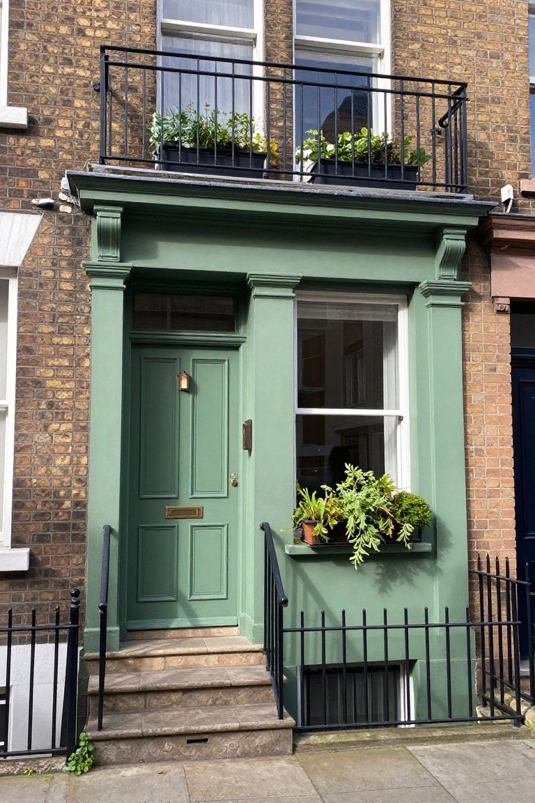 Sage Green Front Door on Brick Terrace