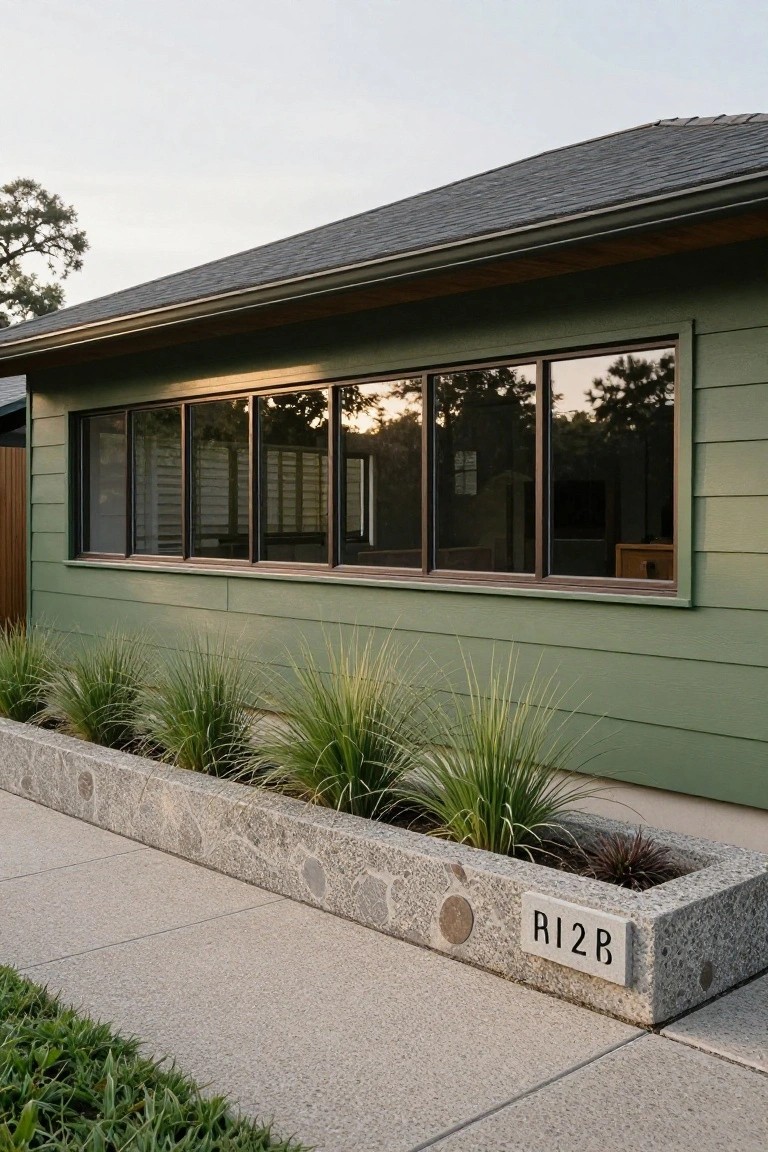 Side view of a green house with horizontal siding, large reflective windows, stone planter bed with grasses, address marker R12B, and concrete pathway.