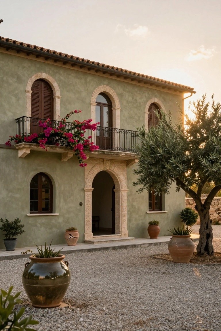 Sage green stucco house exterior with arched windows and door, wrought-iron balcony with pink bougainvillea, terracotta pots, olive tree, and gravel courtyard in evening light.