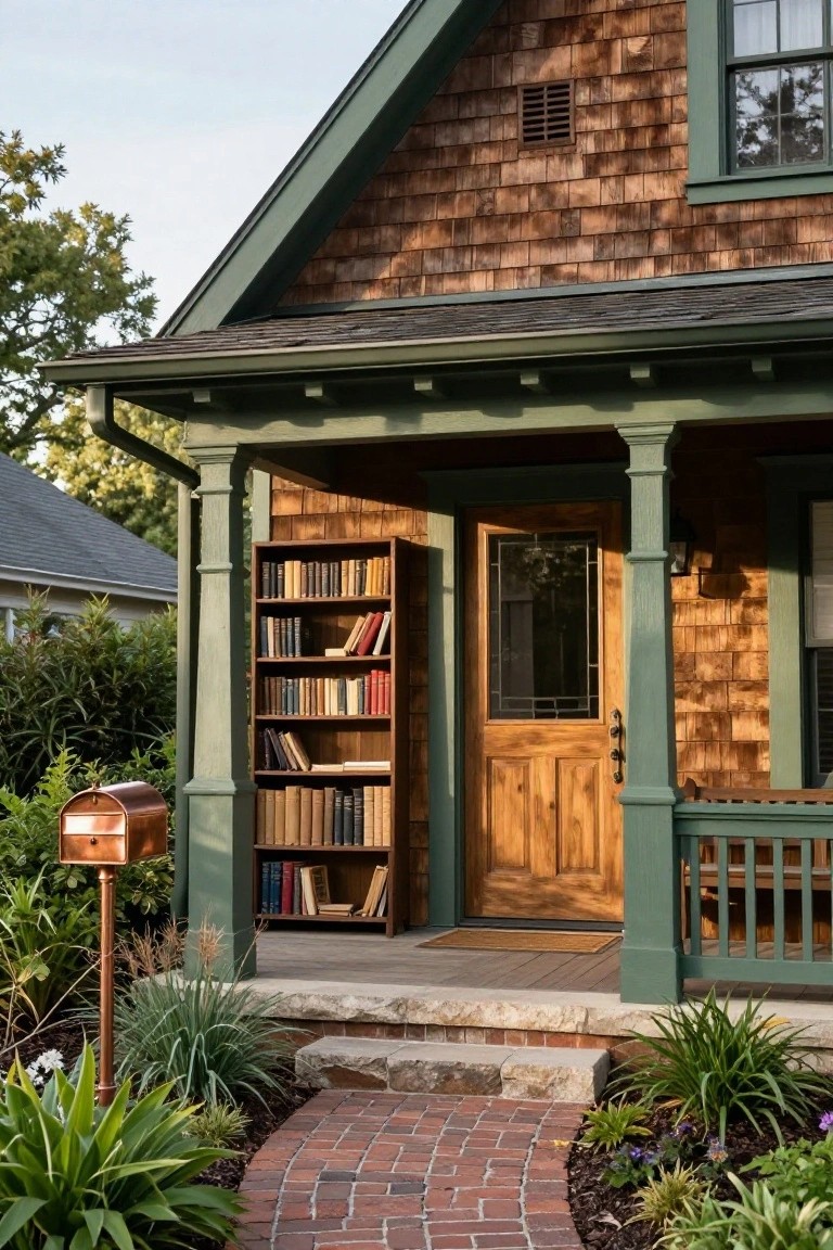 Front porch of a shingle-clad house painted green on trim and columns, with oak front door, built-in wooden bookshelf on porch post, copper mailbox, brick walkway, and low plants in the yard.