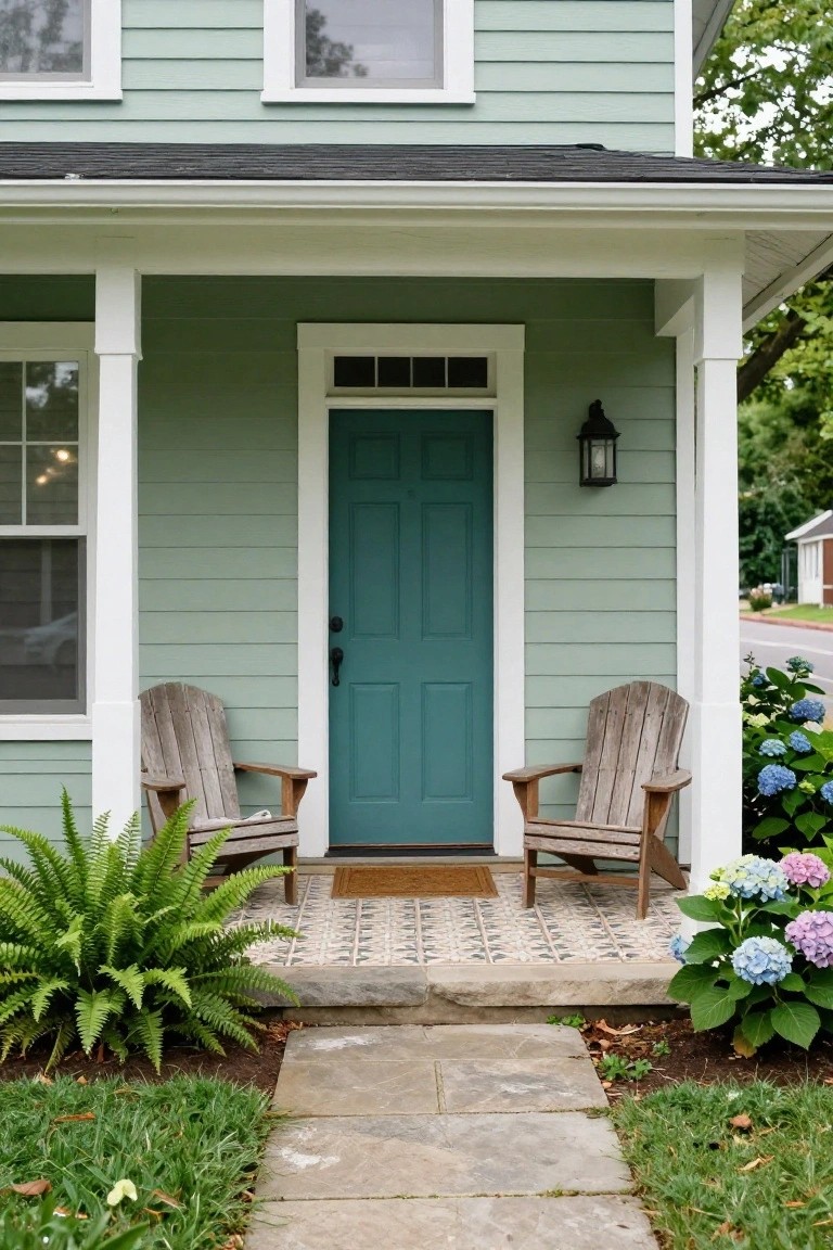 Front exterior of a light green clapboard house with white trim and porch columns, turquoise front door, lantern light, two Adirondack chairs, ferns, hydrangeas, and stone path leading to entry.