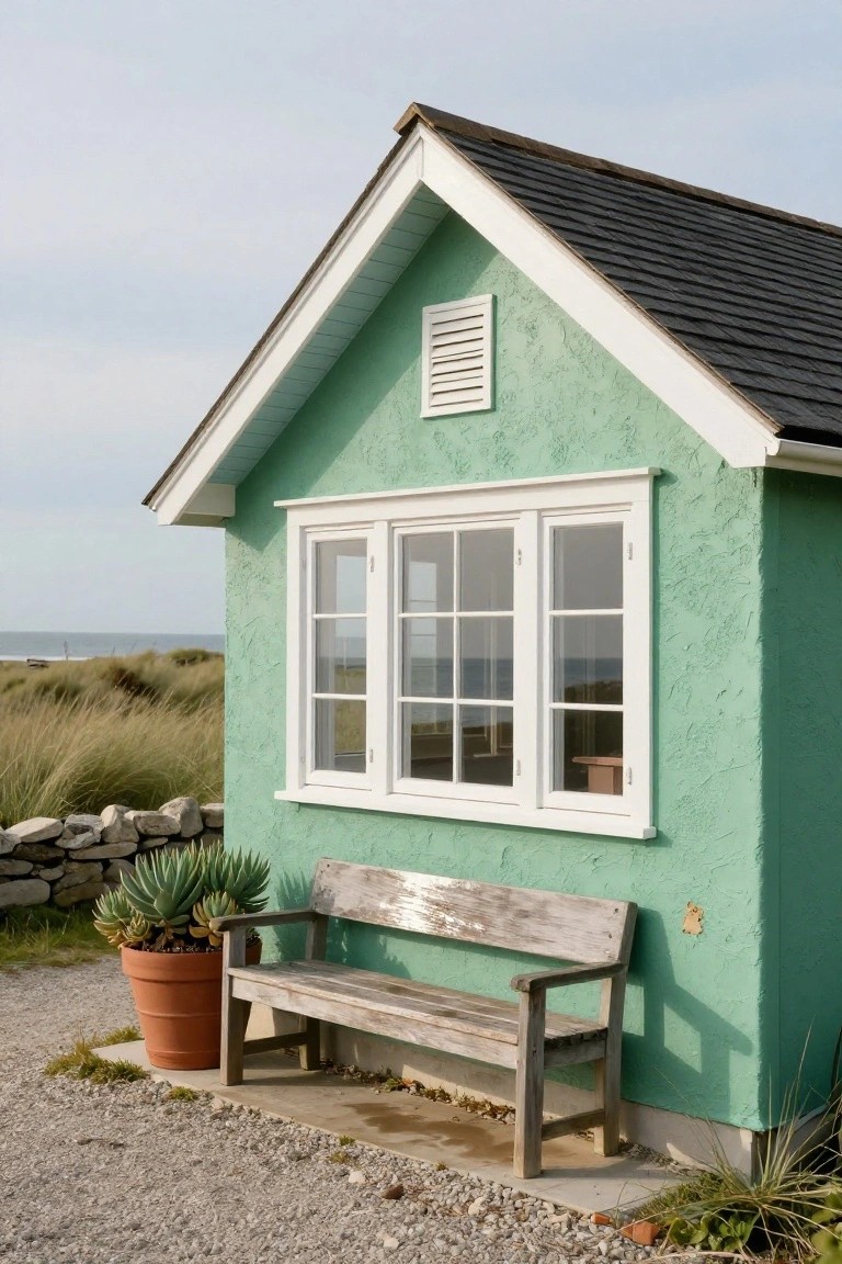 Small mint-green stucco house with gabled black roof, white-framed triple window, weathered wooden bench, agave plant in terracotta pot, stone wall, and beach dunes in background.