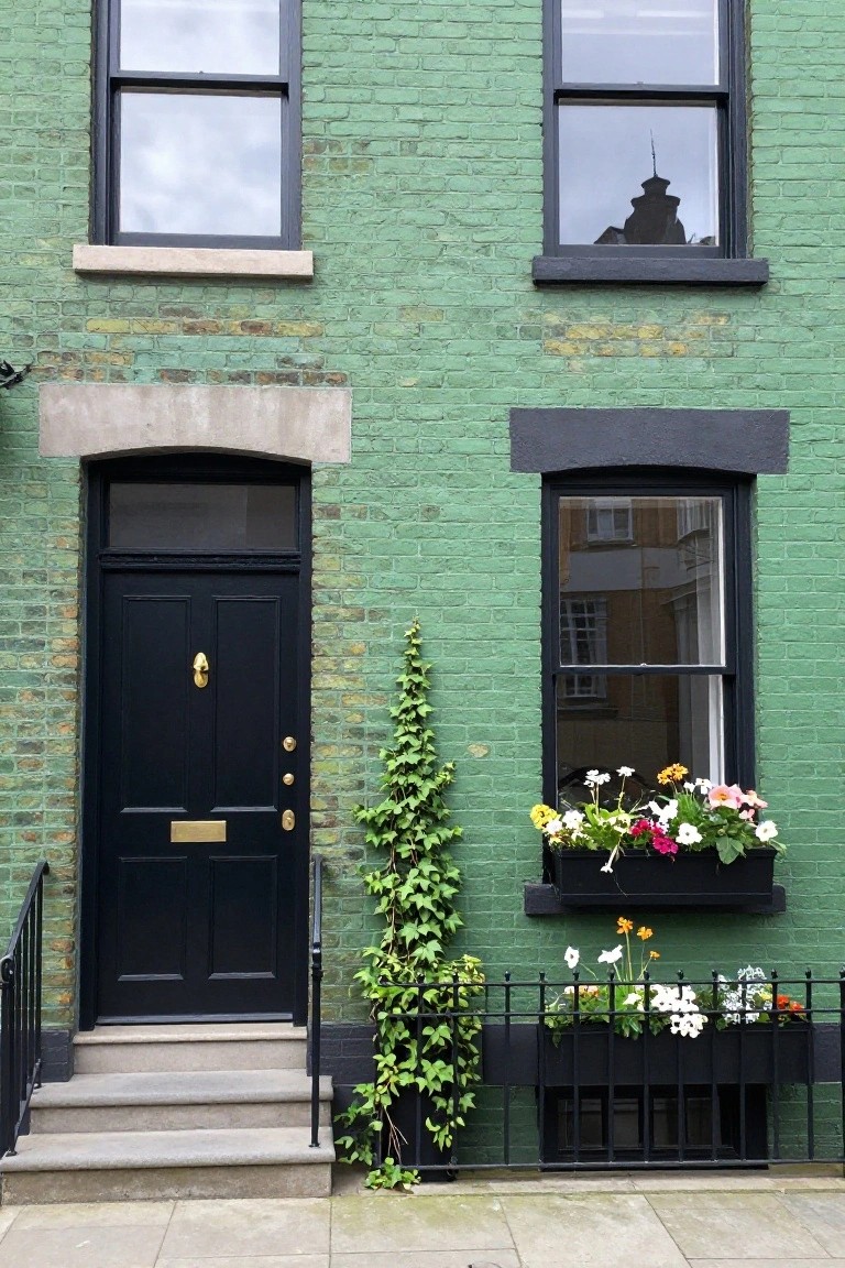 Mint green brick townhouse facade with black window frames, black front door featuring brass knocker and letterbox, flower boxes on lower windows, ivy vine beside entrance, and black iron railing on front steps.