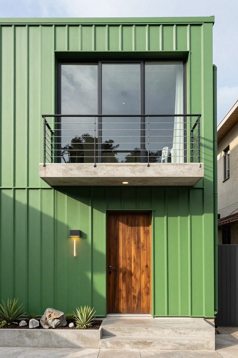 Front view of a two-story house clad in green corrugated metal siding with a cantilevered concrete balcony, black metal railing, large glass window, wooden entry door, wall-mounted light, and succulent garden bed at the base.