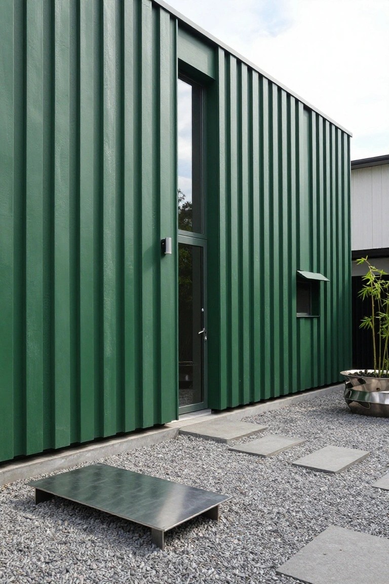 Green corrugated metal house exterior with tall narrow window, slim door, small louvered vent above door, stainless steel platform on gravel yard with stone pavers and potted bamboo plant next to white building.