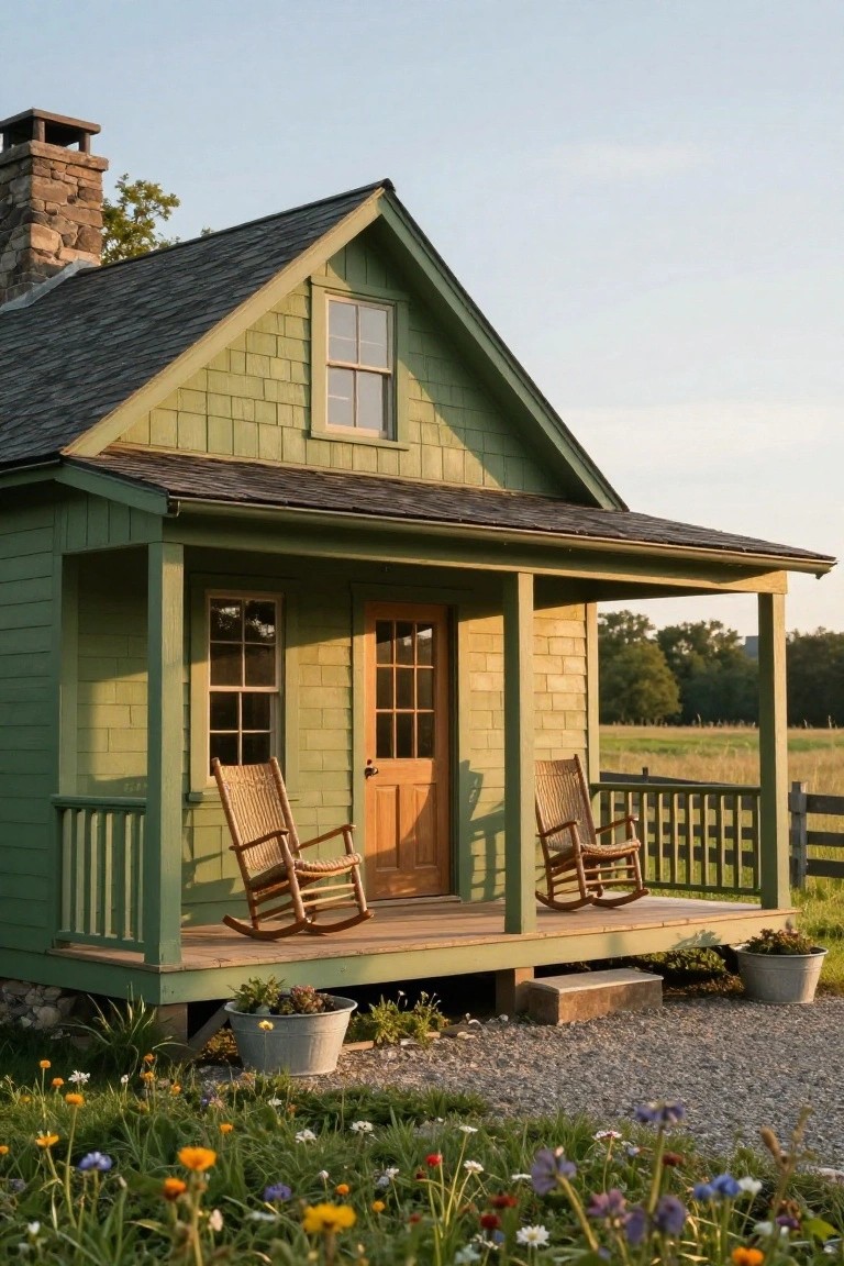 Small green shingle-style cottage with gabled roof, front porch railing, wooden door, two wicker rocking chairs, potted plants, gravel area, wildflowers, split-rail fence, field, and trees in evening light.