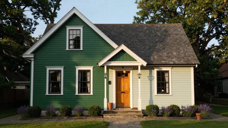 Small green shingle-sided house with white trim around gabled roofline, upper window, two side windows, and brown front door, flanked by stone path, lavender plants, and grass yard.