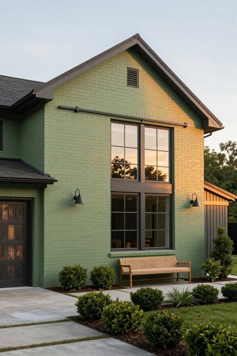 Side view of a green brick house exterior with tall black-framed windows, dark garage door, black wall sconces, woven bench, boxwood shrubs, and concrete paver path edged by plants.