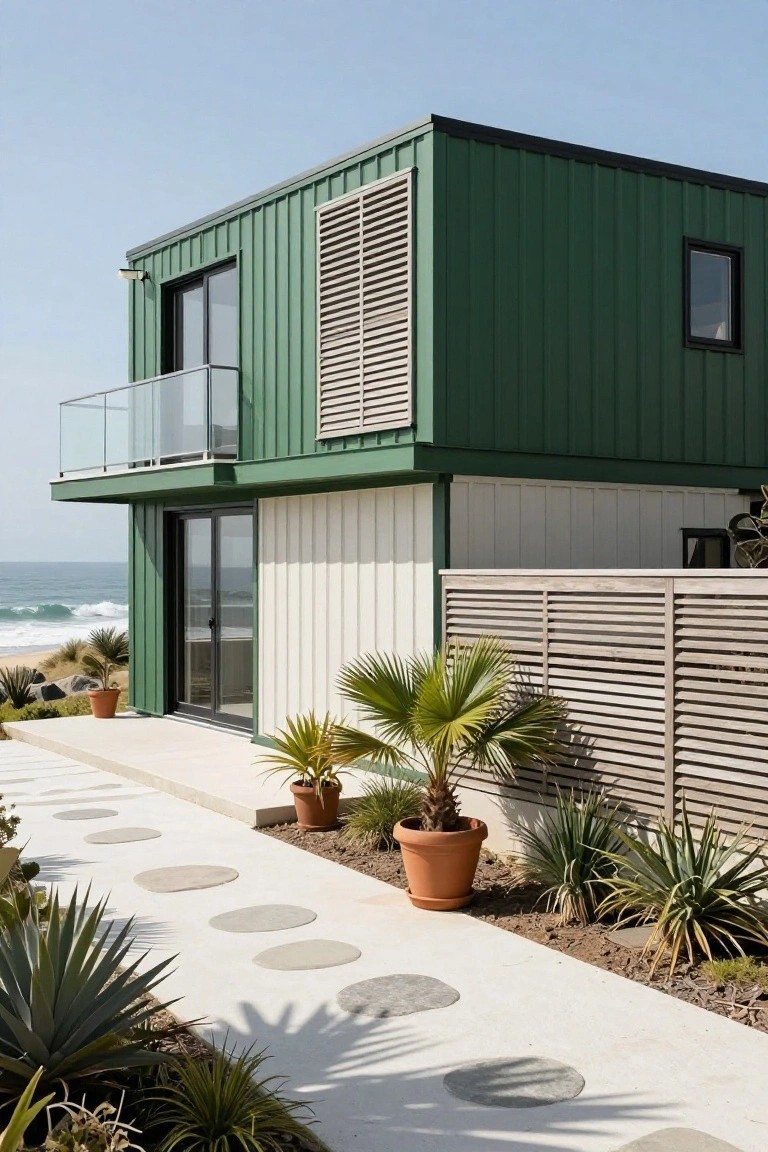 Green corrugated metal clad house with white vertical siding on the lower level, glass balcony and sliding doors on the upper facade, stone stepping path lined with agave and potted palms, overlooking beach and ocean.