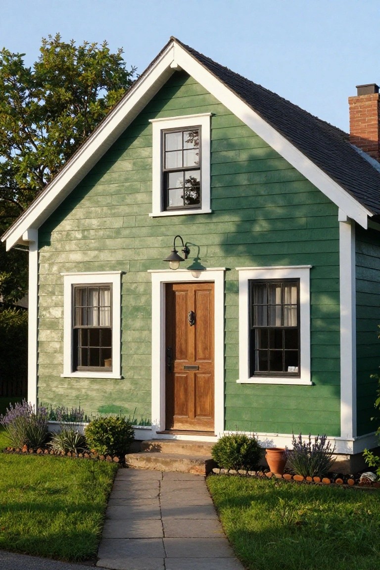 Small green shingle-sided house with white trim around gabled roofline, upper window, two side windows, and brown front door, flanked by stone path, lavender plants, and grass yard.