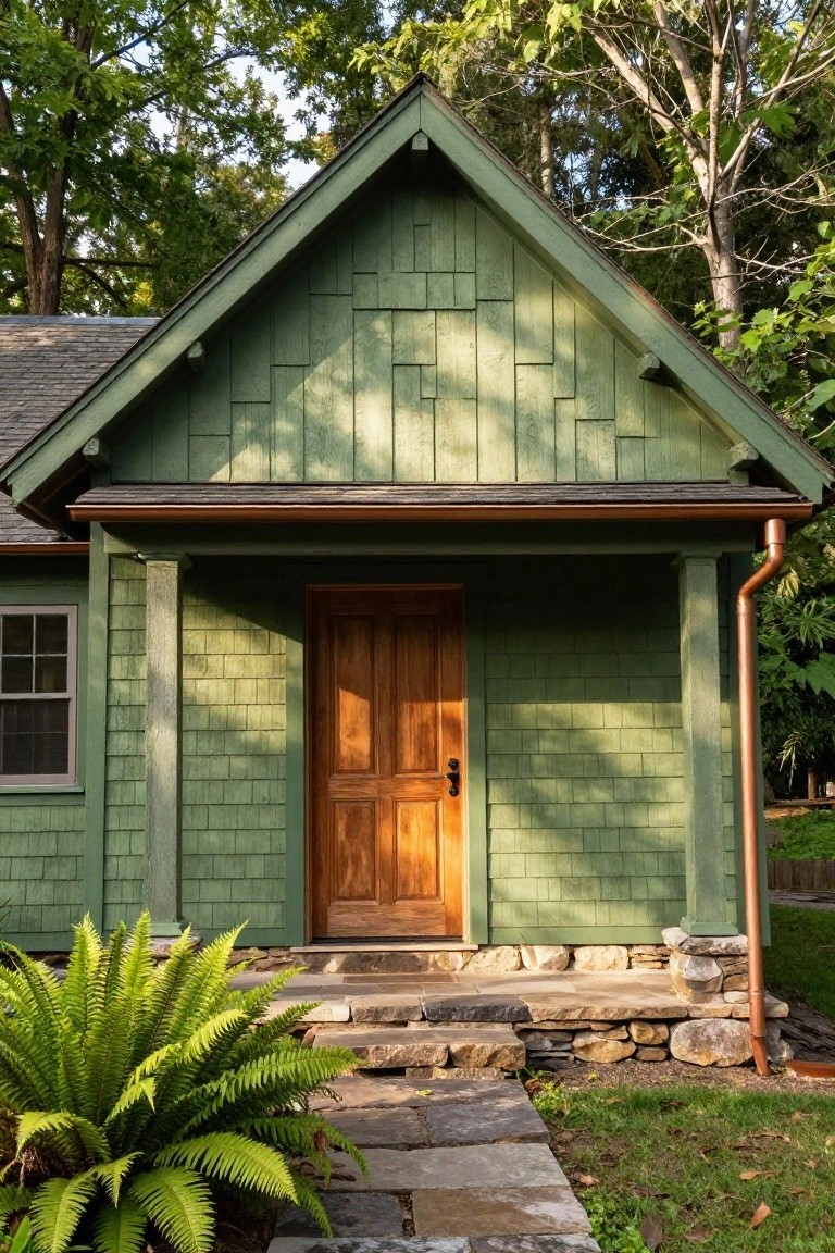 Green shingled house exterior with wooden front door under a covered porch, copper downspout, stone steps leading to the entry, ferns at the base, and surrounding trees.