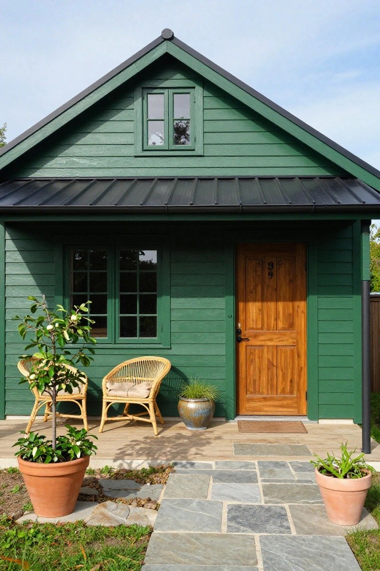 A small green clapboard house with black metal roof, wooden front door numbered 9, green-framed windows, rattan chairs and potted plants on the porch, and a stone pathway leading to the entrance.
