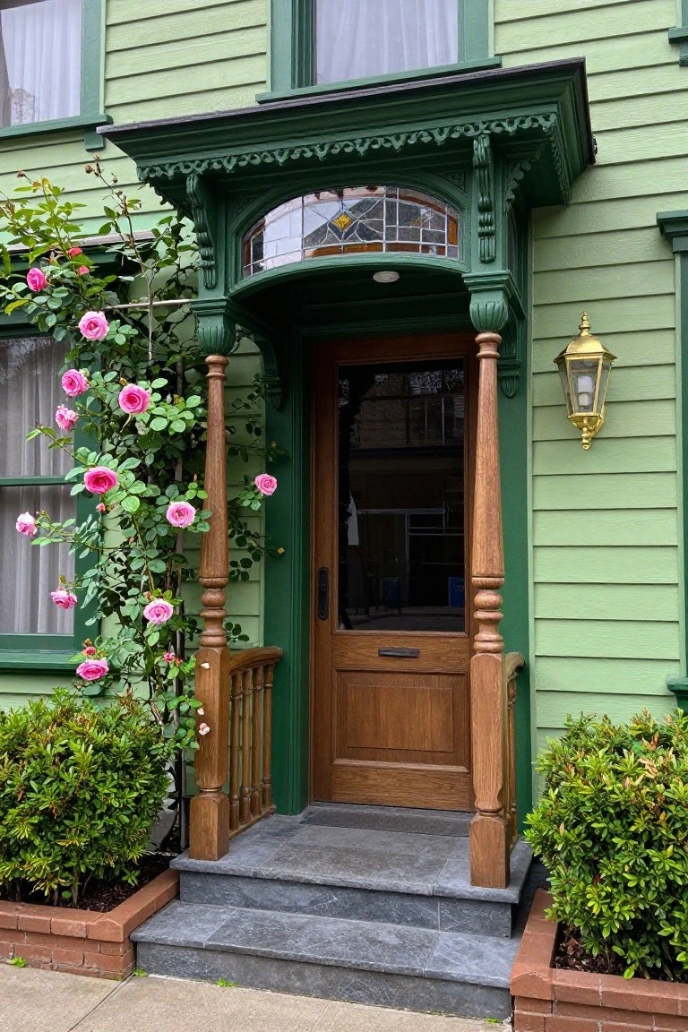 Light green clapboard house exterior featuring a dark green covered porch with stained glass transom, wooden front door, climbing pink roses on porch columns, brass wall lantern, boxwood shrubs in brick planters, and slate steps.