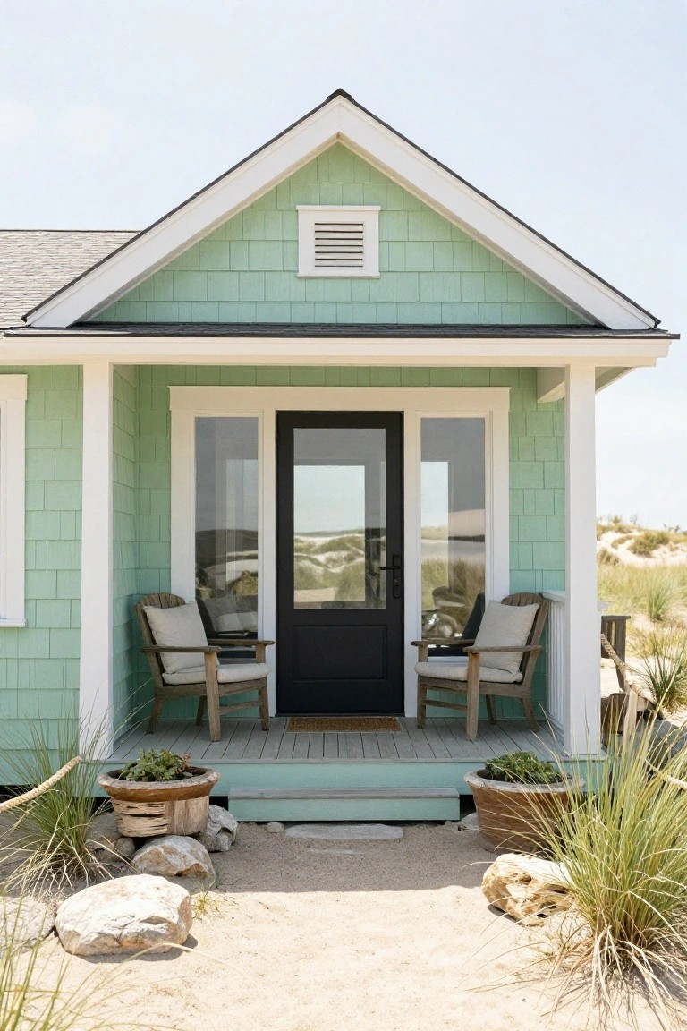 Mint green shingled beach house facade with white trim, black front door, glass sidelights, two Adirondack chairs on porch, potted plants, rocks, and sand dunes.