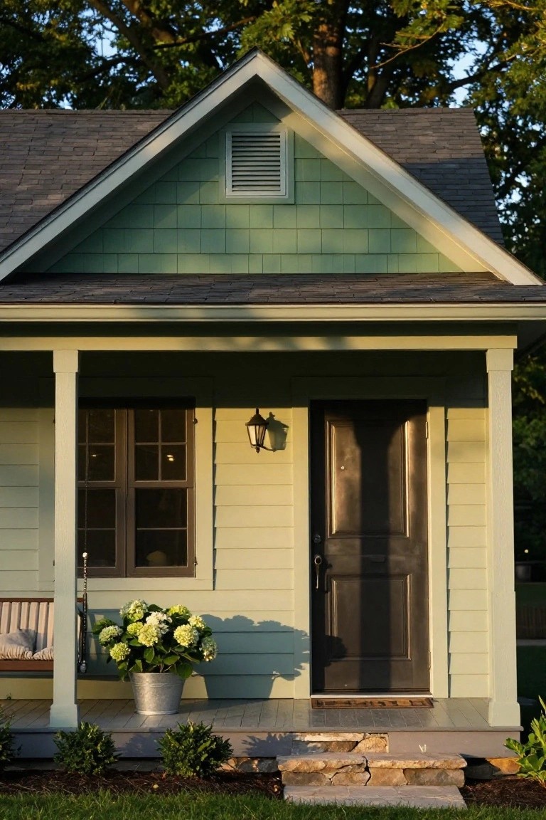 Front exterior of a house with light sage green siding and white trim, featuring a covered porch with columns, black front door, double window, hanging swing, potted white hydrangea, boxwoods, and stone entry steps.