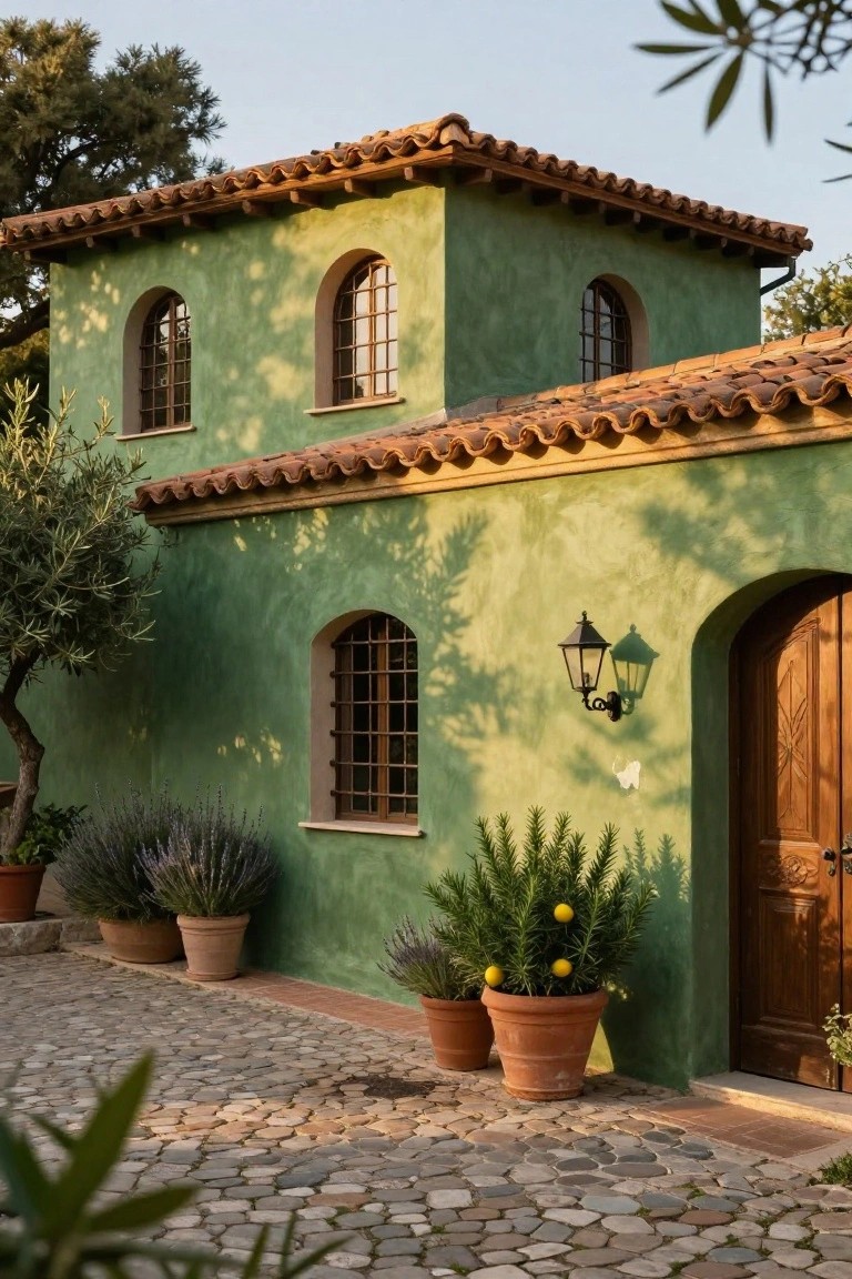 Sage green stucco house exterior featuring terracotta tile roof, arched windows with wrought iron grilles, wooden arched entry door with lanterns, potted plants, and a pebble stone path.
