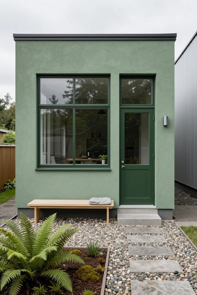 Compact boxy house with light green stucco walls, large glass window, dark green door, wooden bench, ferns, gravel ground cover, and stone steps in a garden setting.