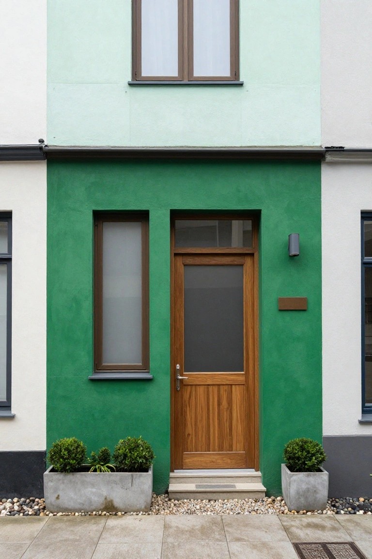 Narrow three-story townhouse exterior with pale green upper walls and darker green lower walls framing a wooden door, frosted side windows, white flanking walls, a metal wall light, brass nameplate, concrete planters with boxwood shrubs, and pebble mulch on a paved walkway.