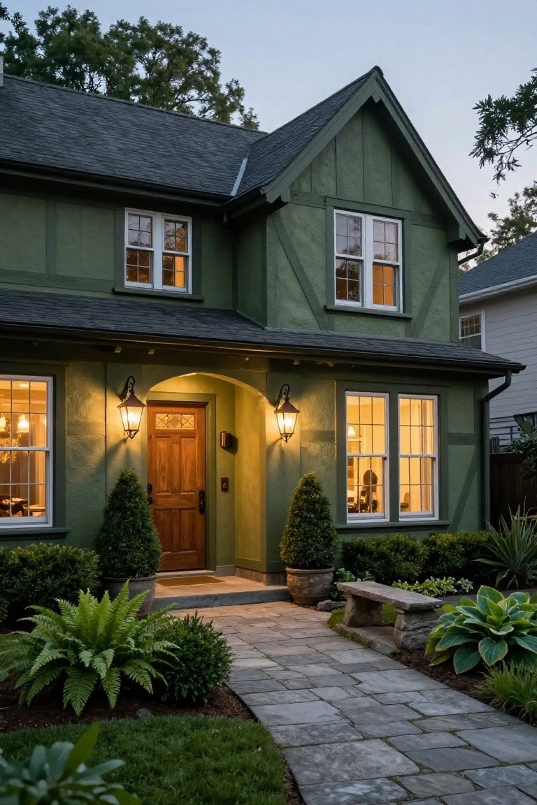 Evening photo of a two-tone green Craftsman-style house exterior featuring olive green siding, lighter stucco entry arch, dark slate roof, wooden door flanked by lanterns, lit windows, boxwood shrubs, and a stone path.