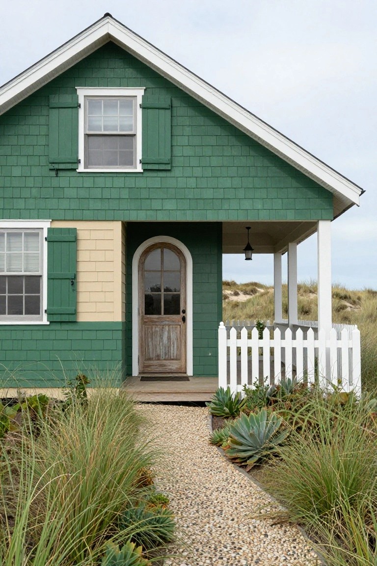 Green shingle-style cottage exterior with dark green shingles, lighter beige siding on entry gable, arched wooden door, white porch posts and picket fence, gravel path, agave plants, and dune grasses.