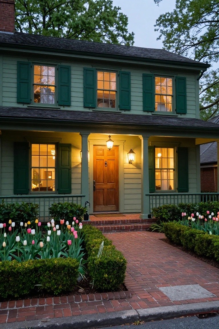 A two-story light green clapboard house with dark green shutters, lit multipaned windows, a front porch with lanterns and wood door, brick pathway, tulip beds, boxwoods, and trees at dusk.