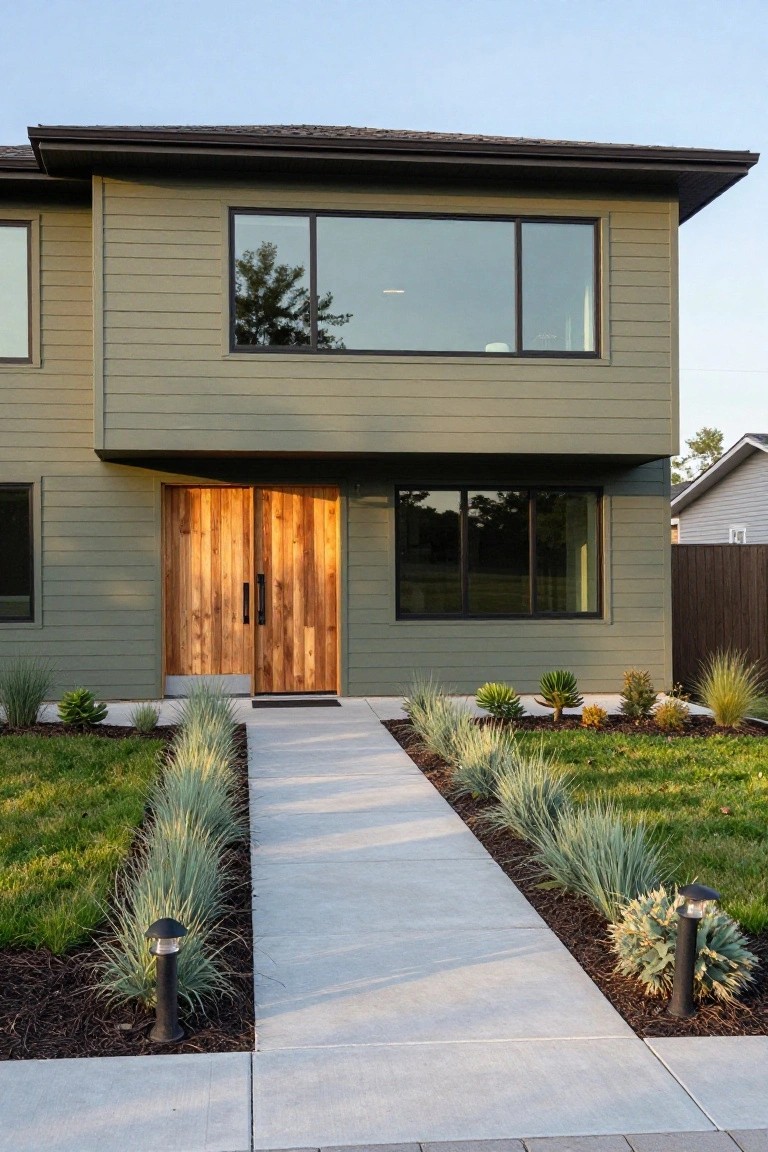 Front exterior of a modern two-story house with sage green horizontal siding, large black-framed windows, vertical wooden double doors, concrete walkway flanked by ornamental grasses and low plants, and pathway lights.