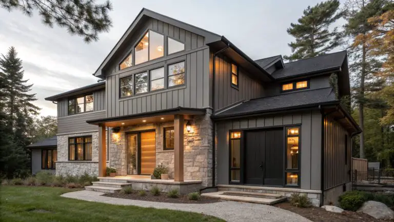 Two-story house exterior featuring warm gray vertical siding, wood-plank garage door, stone entryway with dark wood door, large windows, and gravel path with landscaping at dusk.