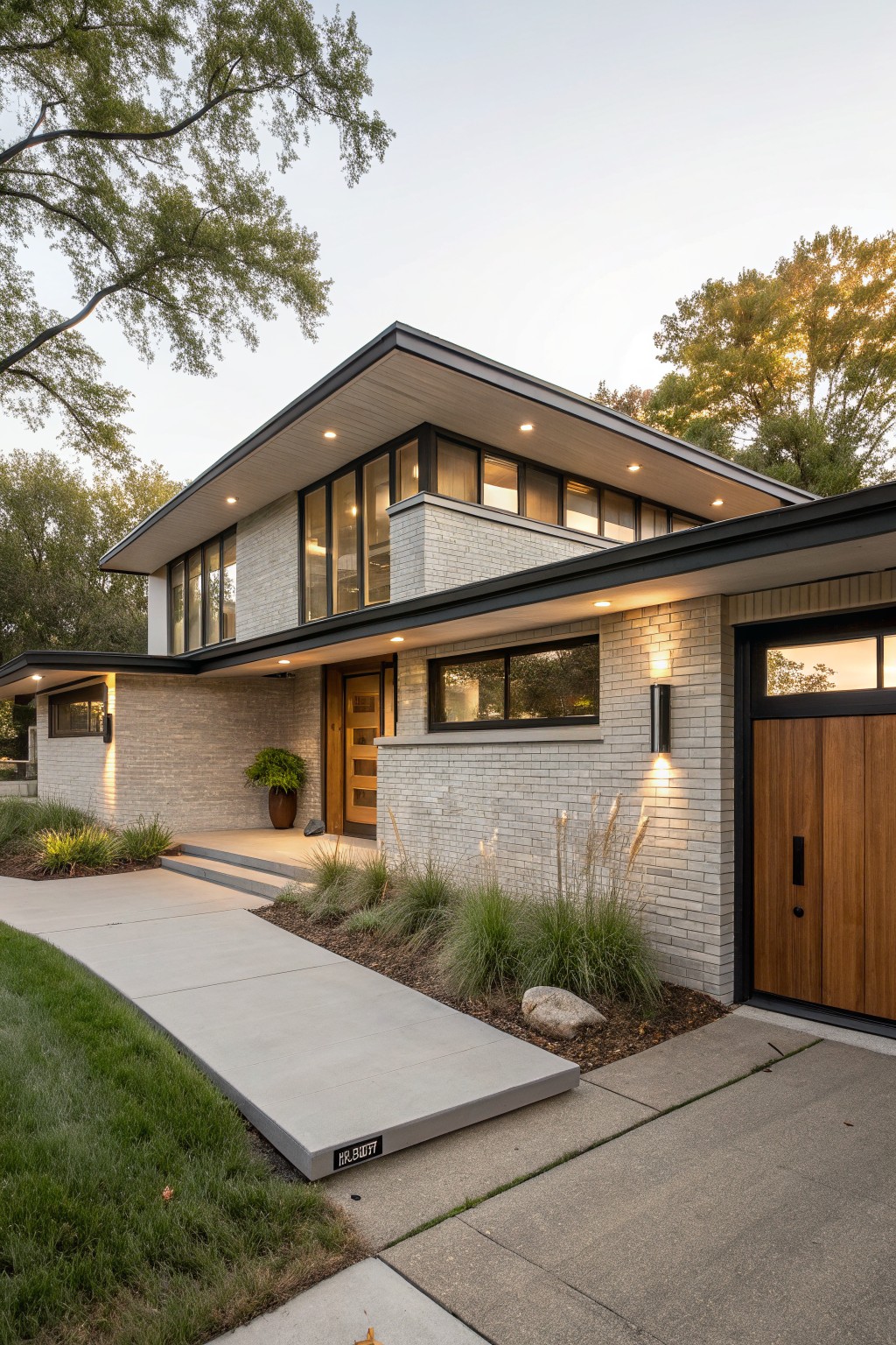 Two-story modern house exterior featuring light gray brick walls, black metal roof overhang and window frames, a wooden front door with sidelights, wooden garage door, concrete walkway, ornamental grasses, and trees in a yard at dusk.