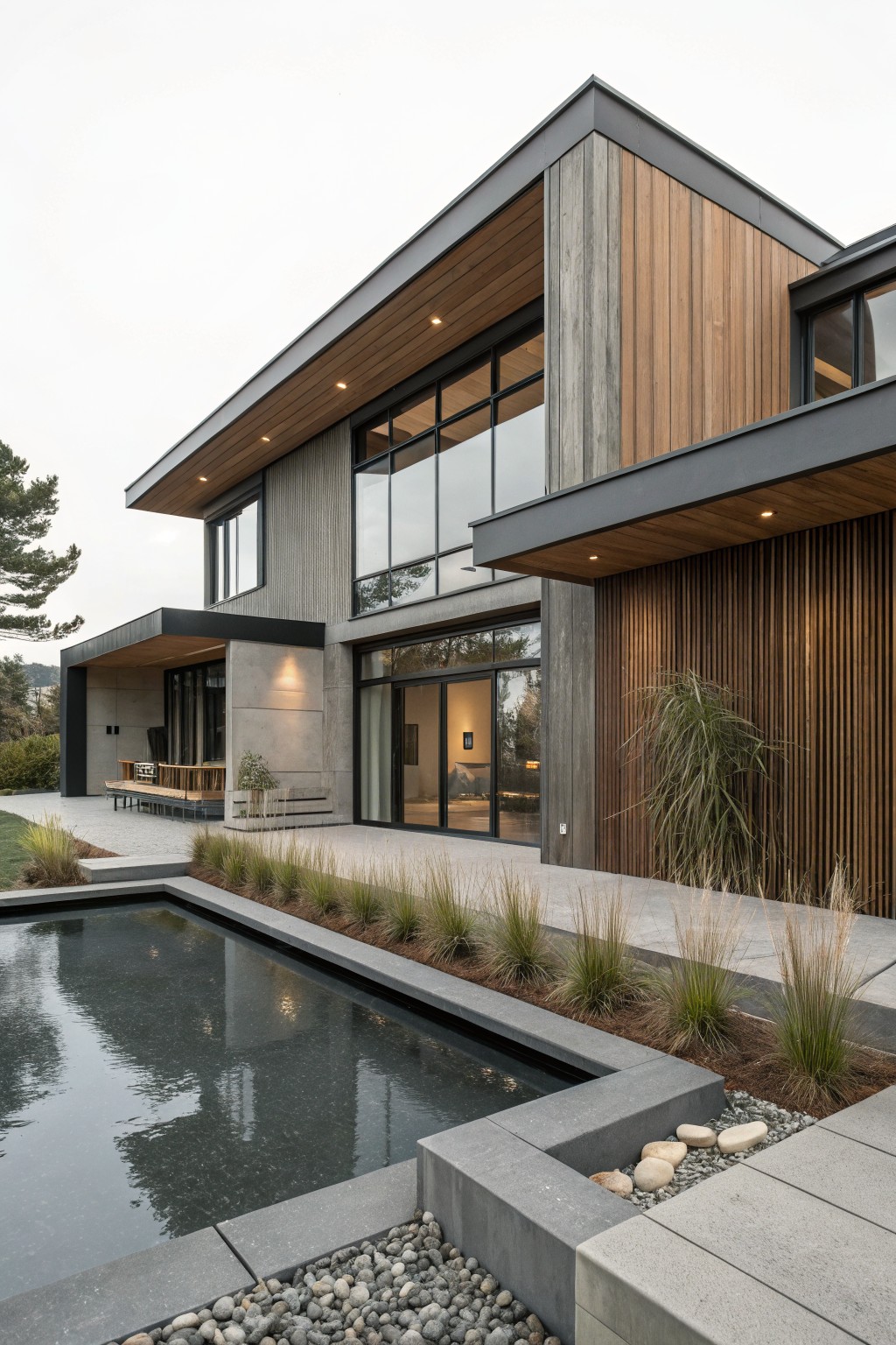 Modern house exterior with gray concrete walls, vertical wood cladding accents, large glass windows and doors, a reflecting pool edged in stone, ornamental grasses, and pebbles nearby.