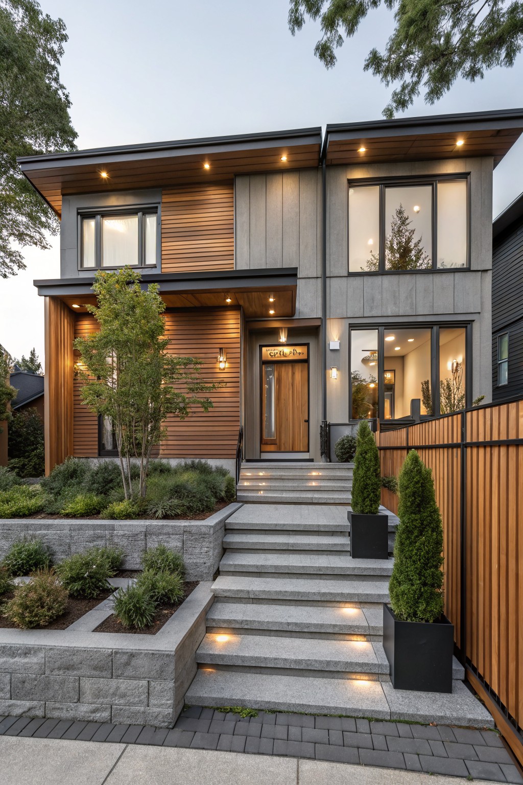 Contemporary two-story house exterior with light gray siding, horizontal warm wood slats on sections of the facade, large windows, wooden front door, concrete entry steps with lighting, low planting beds, and wooden fence.