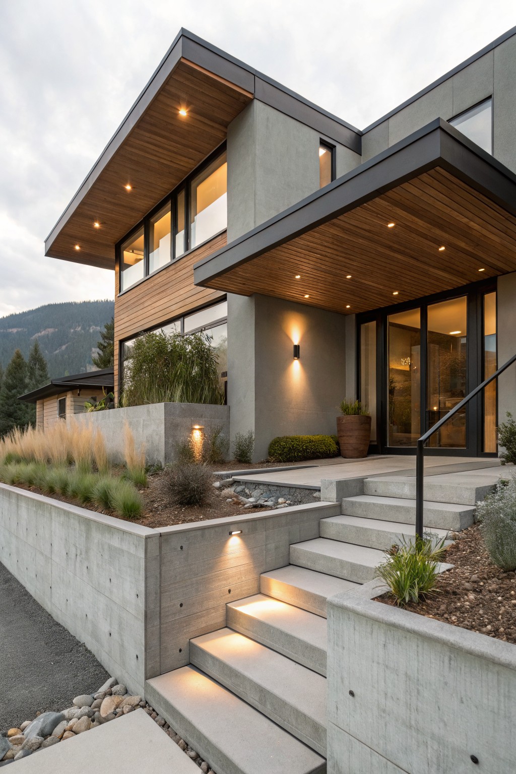 Modern two-story house exterior with gray concrete walls and stucco, warm wood siding and overhanging entry canopy with recessed lights, concrete steps with integrated lighting, glass front door, landscaping with grasses and shrubs, and mountain backdrop.