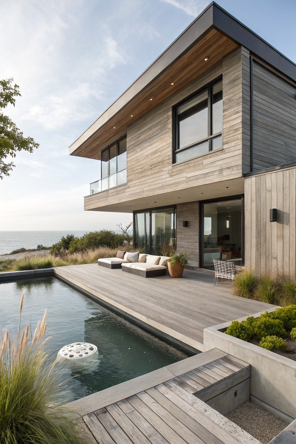 Side view of a modern two-story house with gray-toned vertical wood siding, cantilevered upper level, large glass windows and doors, wooden deck with lounge seating and infinity-edge pool, grasses and ocean in background.