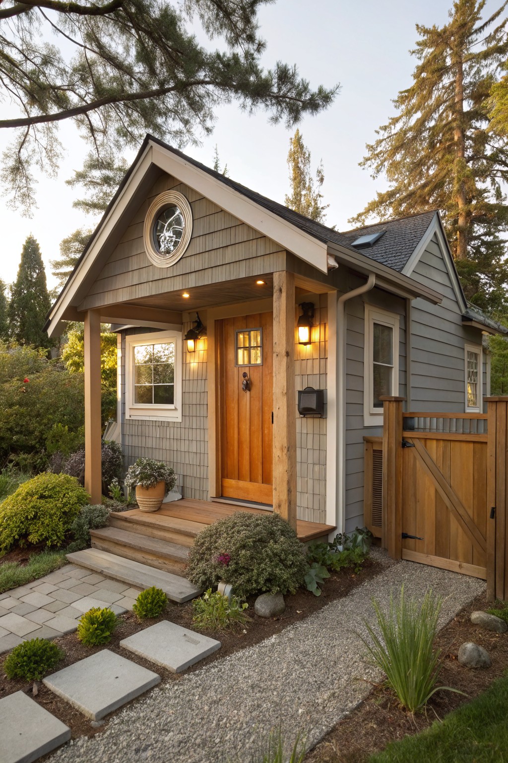 Small gray-shingled house with gabled roof, wooden front porch, amber-stained door, lantern lights, and gravel path edged by plants and shrubs.