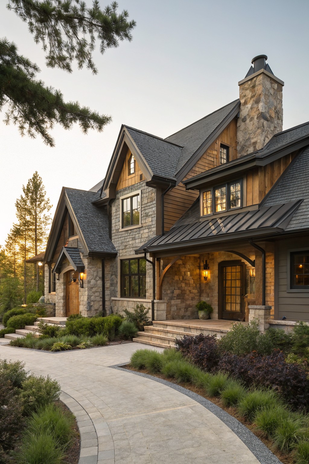 Two-story house exterior with gray stone base and chimney, light wood siding and trim on upper levels, dark gray metal roof, wood front door under a covered porch, stone steps, curved paver driveway, and surrounding evergreen trees and shrubs at sunset.