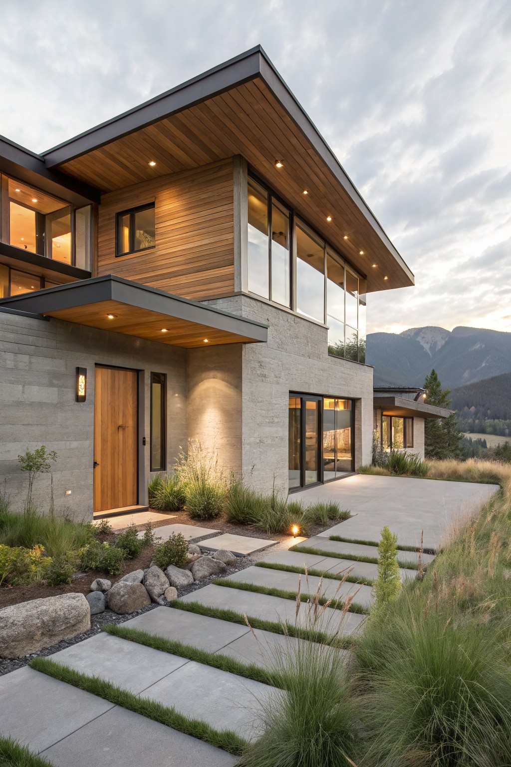Modern two-story house exterior with gray stone lower walls, vertical wood cladding on upper sections, large glass windows and doors, wooden front door under a cantilevered wood ceiling overhang, concrete paver pathway with grass strips, surrounded by rocks and native grasses, mountains in background.
