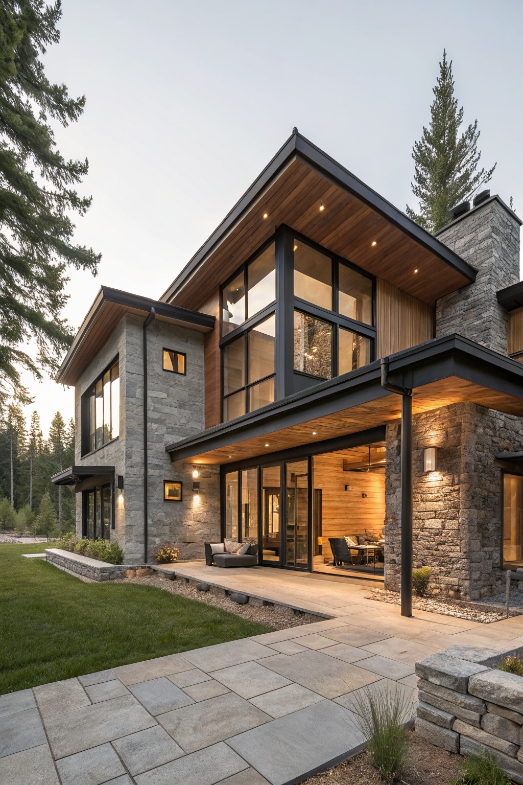 Contemporary two-story house exterior with gray stone base, vertical wood cladding, black metal window frames, wooden overhang over a glass-door patio with seating, stone pathway, low walls, and surrounding pine trees on a lawn at evening light.