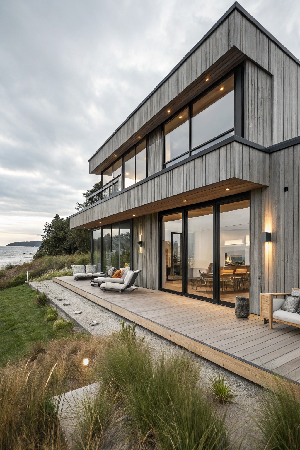 Side view of a two-story modern house clad in gray vertical wood siding with black window frames and a protruding wooden deck furnished with lounge chairs and a sofa, adjacent to a gravel path, native grasses, and the ocean in the background.