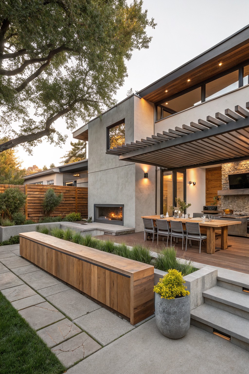 Backyard patio area featuring a gray stucco house wall with black-trimmed windows, slatted wood pergola over a deck with dining table and chairs, linear wooden bench beside a landscaped bed with grasses and plants, stone fireplace, and concrete pavers.