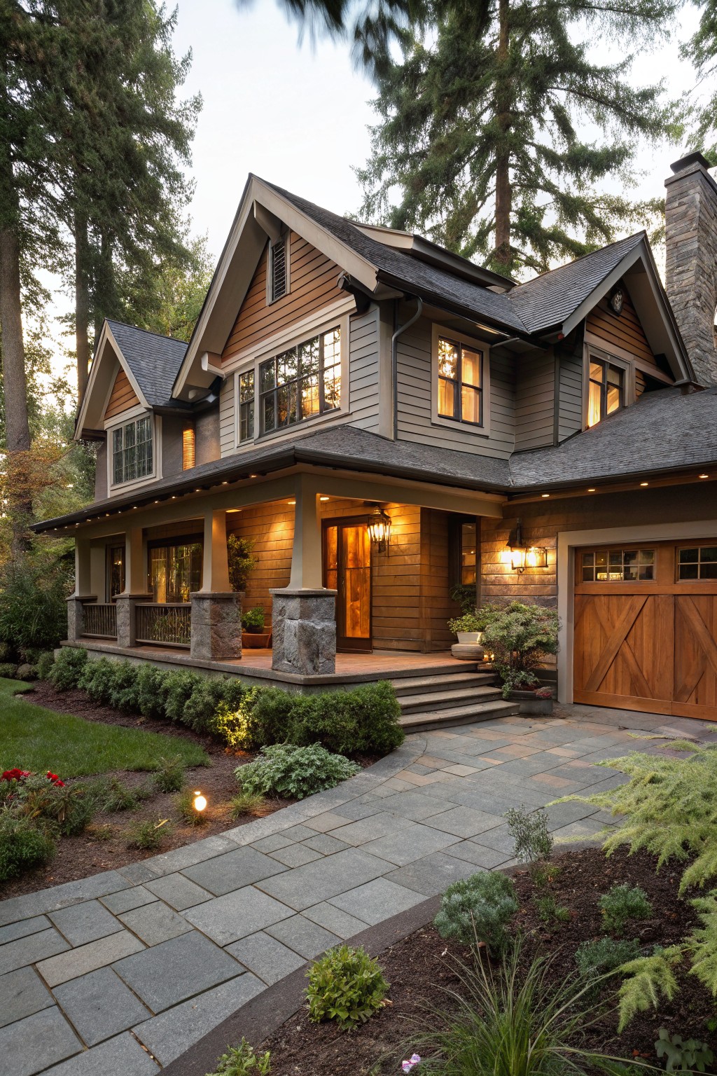 Two-story house exterior featuring warm gray siding, cedar shake gables, covered porch with stone pillars and wood railing, attached wood garage door, slate pathway, landscaping beds, and tall evergreen trees at dusk.