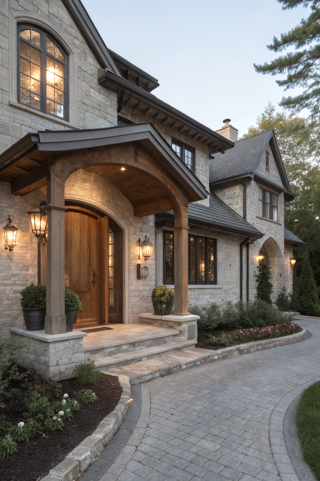 Warm gray stone house exterior with a dark wood arched portico over a wooden entry door, stone steps, hanging lanterns, and surrounding landscaping along a curved paved driveway.