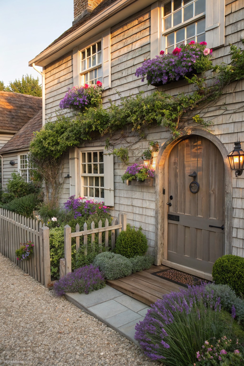 Shingled house exterior with arched wooden entry door, climbing vines on walls, flower boxes in windows, picket fence, shrubs, lavender plants, and gravel path leading to wood steps.