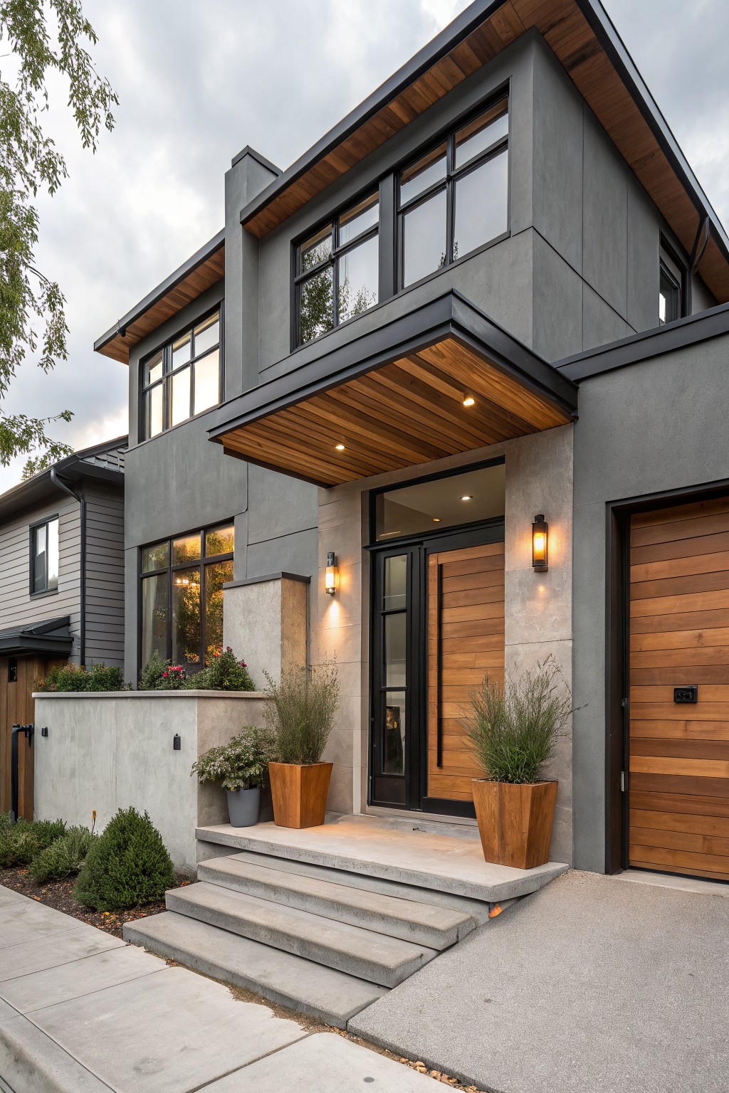 Modern two-story house with warm gray stucco exterior, cantilevered wood entry canopy, black-framed wooden front door, wooden garage door, concrete steps, potted plants, and low landscaping along the sidewalk.