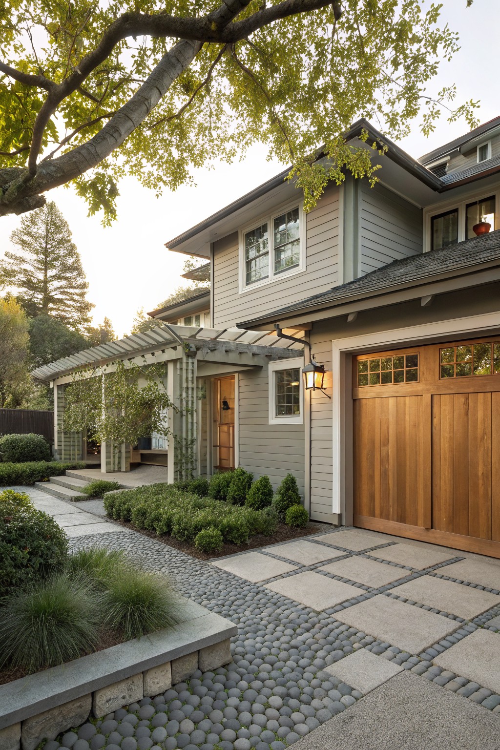 Side exterior of a two-story house with warm gray horizontal siding, a double wooden garage door, pergola-covered entryway steps, concrete pavers and pebble path, and low shrubs in the yard.